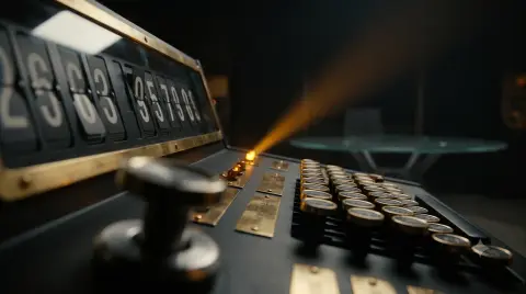 Detail konzoly Analyst: split-flap displej a mechanické klávesy v jantárovom svetle.