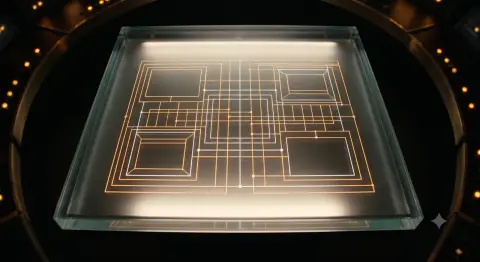 Pohľad zhora na sklenený stôl, v ktorom svieti wireframe rozhrania ako svetelná projekcia.