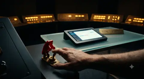 Ľudská ruka nad mosadzným spínačom s bezpečnostnou krytkou; na stole leží tablet.